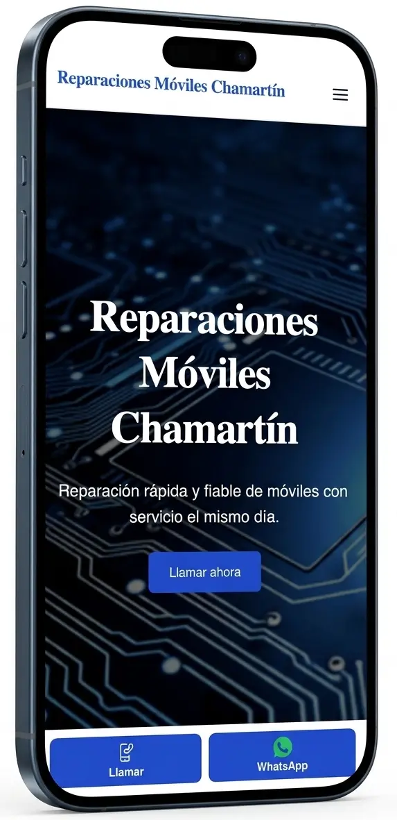 iPhone mostrando la web de Reparaciones Móviles Chamartín, un ejemplo real de Clubtal